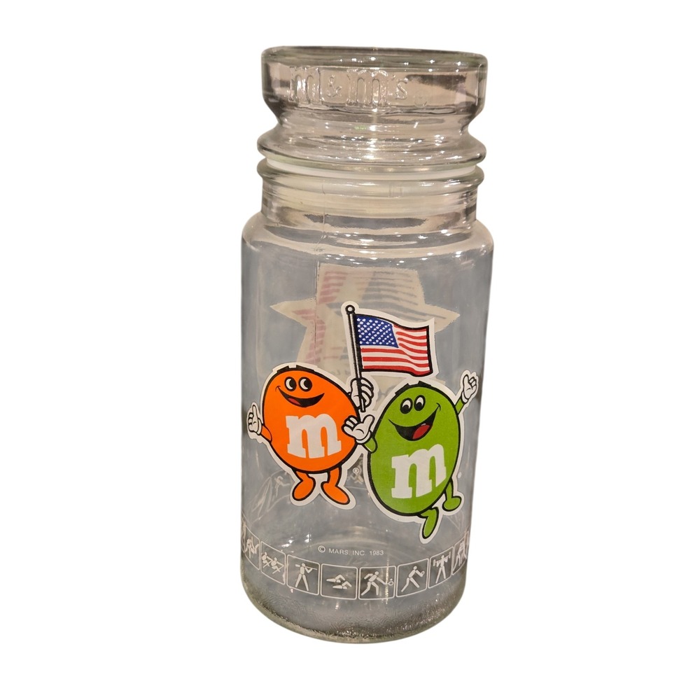 Vintage 1984 Los Angeles Olympics M&M's Glass Candy Jar with Lid Clear